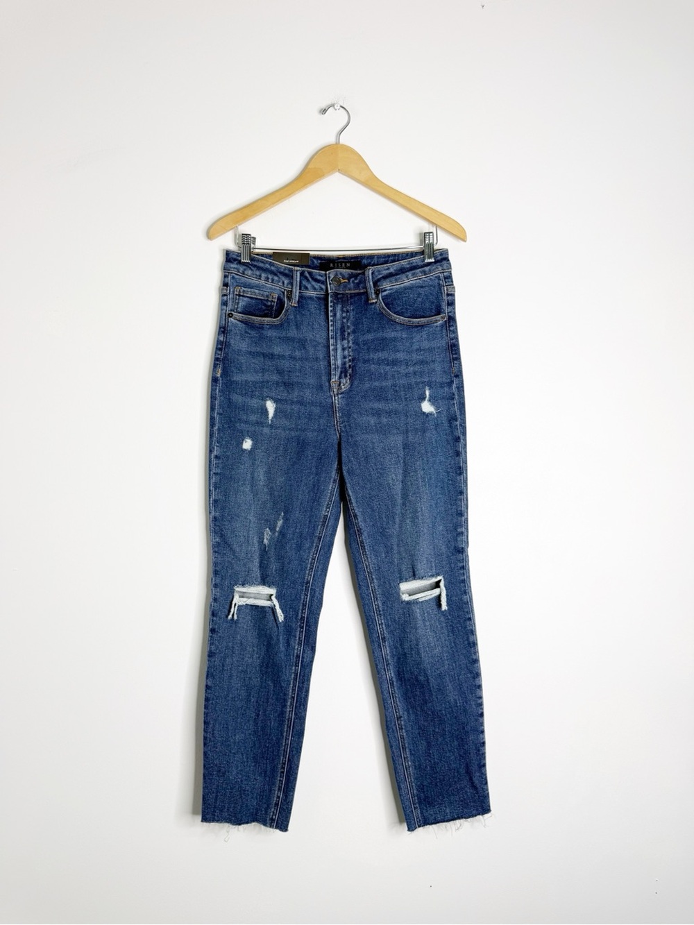 Risen Distressed Slim Boyfriend Jeans Size 30/11 High Rise Raw Hem NWT